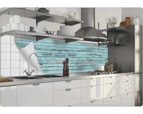 Scène de cuisine avec protection anti-éclaboussures aspect bois et coin détachable