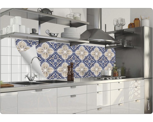 Scène de cuisine avec stickers de carreaux mosaïque de style méditerranéen comme crédence