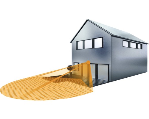 Aussenansicht eines Hauses mit Überwachungskamera und Erfassungsbereich