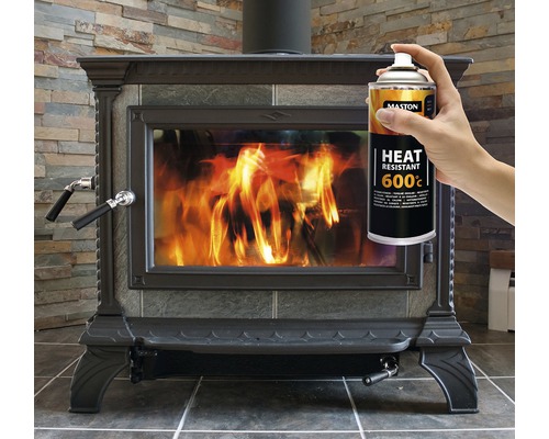 L''image montre un poêle de cheminée et une bombe de spray résistant à la chaleur 600 degrés.