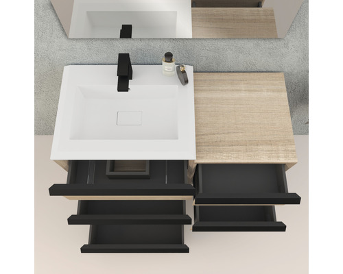 Waschtisch mit Unterschrank und geöffneten Schubladen von oben