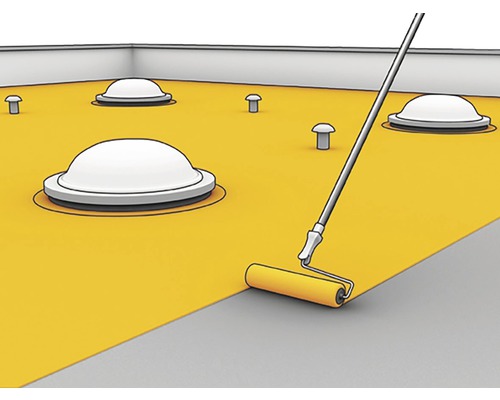 Étanchéité de toit plat avec fenêtres de toit et rouleau à peinture