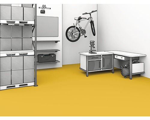 Werkstatt mit Regalen, Werkbank, Werkzeugkiste, Fahrrad und Kompressor