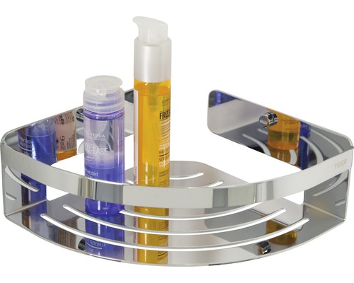 Étagère d''angle en métal avec divers produits de soins