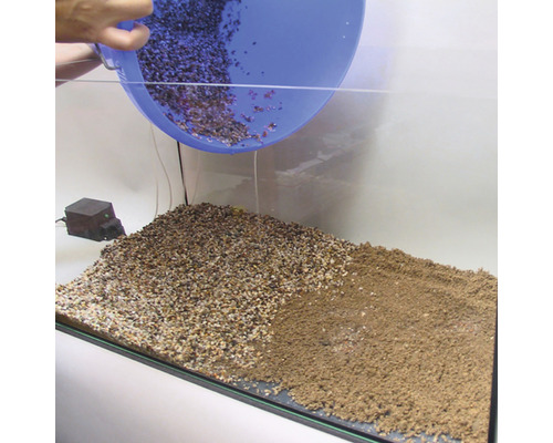 Du gravier d''aquarium est versé dans un aquarium.