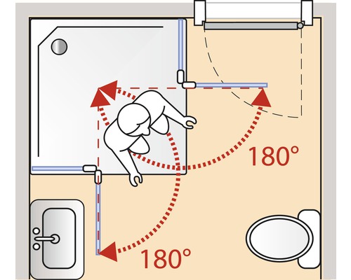 Plan d''une salle de bains avec douche, lavabo, toilettes et liberté de mouvement