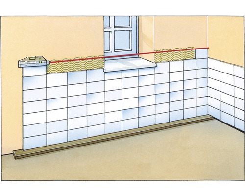 Illustration d''un mur de salle de bain avec des carreaux, un niveau à bulle et une règle de maçon pour un alignement correct