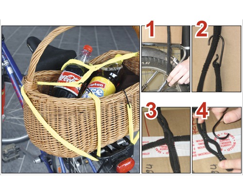 Fahrradkorb mit Getränken und eine Anleitung zur Befestigung mit einem Gummiseil