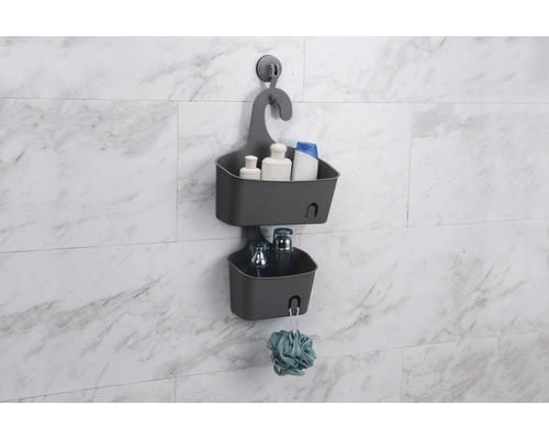 Panier de douche gris avec deux étagères pour ranger les accessoires de salle de bain