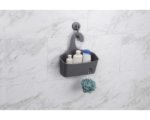 Étagère de douche avec ventouse pour ranger les articles de bain au mur.