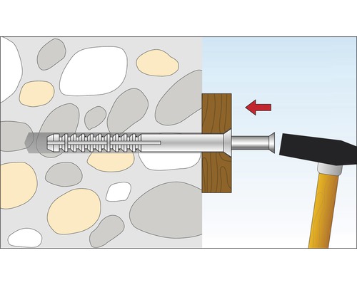 Illustration einer Dübelbefestigung mit Hammer in einer Wand