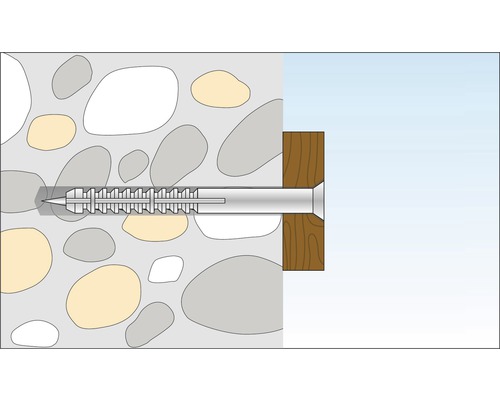 Illustration einer Schraube, die durch ein Holzbrett in eine Steinwand geschraubt wird.