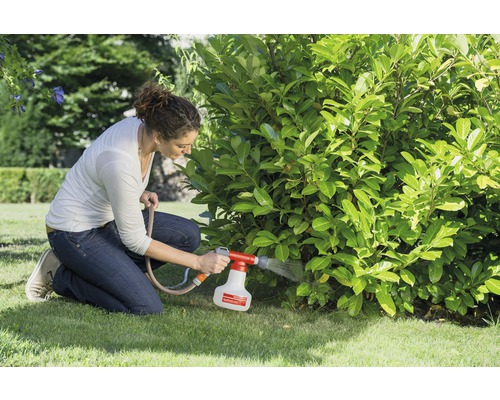 Frau bewässert Pflanzen mit einem Gartensprüher