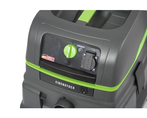 Aspirateur industriel Eibenstock, vue détaillée avec contrôle du filtre, prise et label Fabriqué en Allemagne