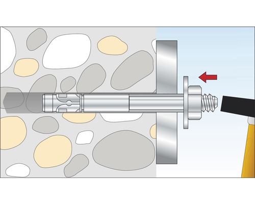 Illustration du montage d''un ancrage à boulon dans un mur en pierre avec un marteau