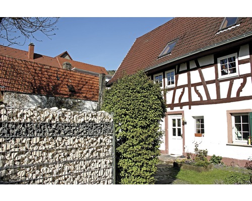 Maison à colombages avec clôture en gabions dans le jardin