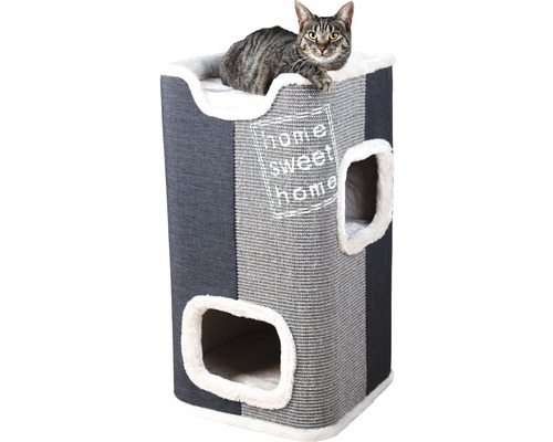 Chat sur un arbre à chat avec des grottes et une surface de couchage