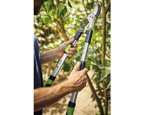 Person schneidet einen Ast mit einer Getriebeastschere