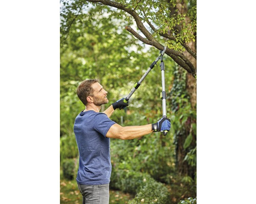 Mann schneidet Ast mit einer Astschere im Garten.