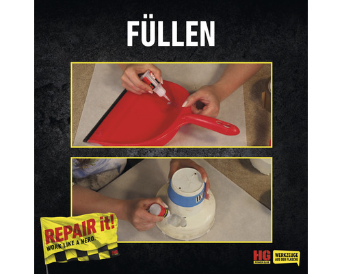 Eine Person füllt mit Klebstoff ein Loch in einer Kehrschaufel und ein Loch in einem Blumentopf.