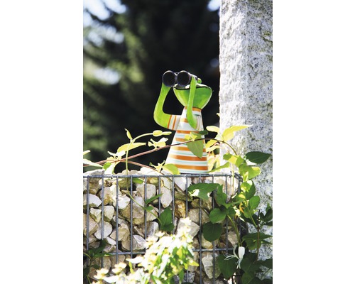 Dekorative Froschfigur mit Fernglas auf einem Steingabionenzaun