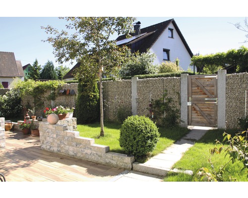 Garten mit Gabionenzaun und Holztor