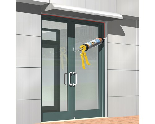 Anbringen von Dichtmasse mit einer Kartuschenpistole an einem Türrahmen.