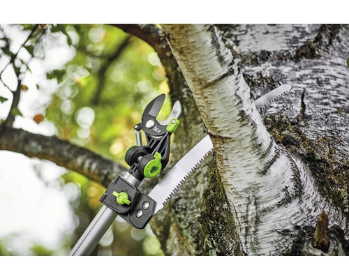 Élagueur avec scie coupant une branche sur un arbre