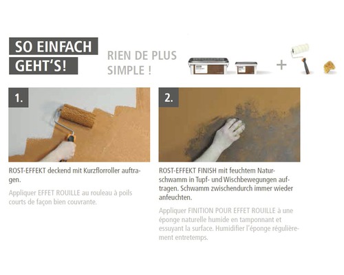 Instructions pour la création d''un mur à effet rouille : Appliquer la peinture au rouleau, puis travailler avec une éponge naturelle humide.