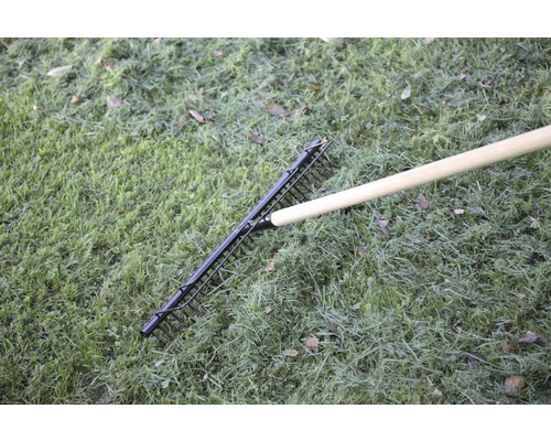 Râteau en métal avec manche en bois sur pelouse