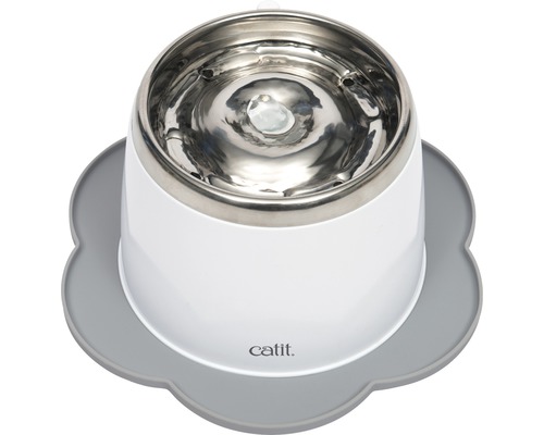 Fontaine à chat avec surface en acier inoxydable sur un support