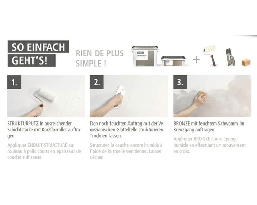 Instructions pour l''application d''enduit de structure avec rouleau à peinture, lisseuse vénitienne et éponge