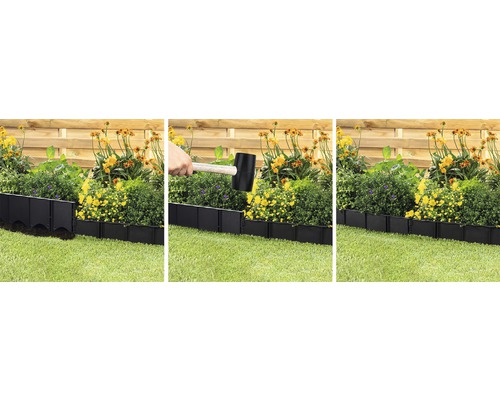 Installation einer Rasenkante aus Kunststoff mit einem Gummihammer im Gartenbeet