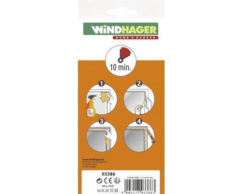 Windhager Logo. Montageanleitung in vier Schritten mit einer geschätzten Dauer von zehn Minuten.