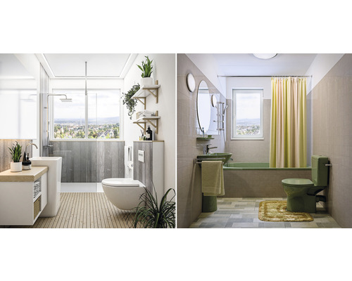 Deux vues de salles de bains avec lavabo, toilettes, baignoire et douche.