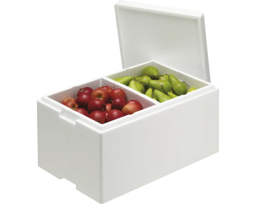 Boîte isotherme ouverte avec pommes et poires