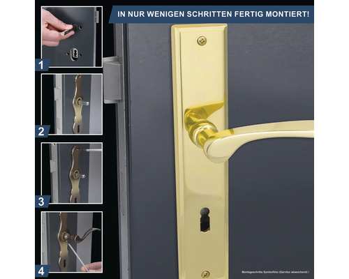 Montageanleitung für eine goldfarbene Türgarnitur an einer Tür
