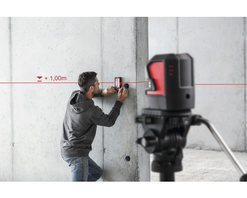 Un homme travaille avec un laser lignes croisées sur un mur pour marquer une ligne horizontale.