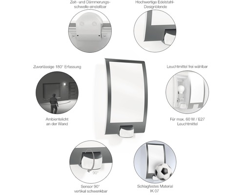 Wandleuchte mit einstellbarer Zeit- und Dämmerungsschwelle, Edelstahl-Designblende, 180 Grad Erfassung, freier Leuchtmittelwahl, maximal 60 Watt E27 Leuchtmittel, 90 Grad vertikal schwenkbarer Sensor und schlagfestem Material IK 07