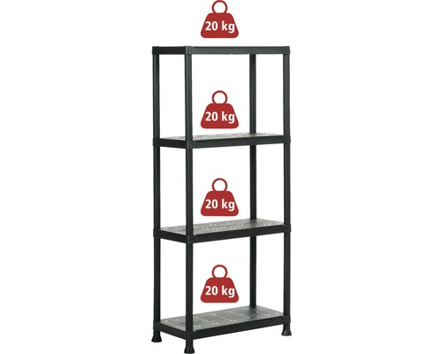 Kunststoffregal mit vier Böden und 20 Kilogramm Traglast pro Boden