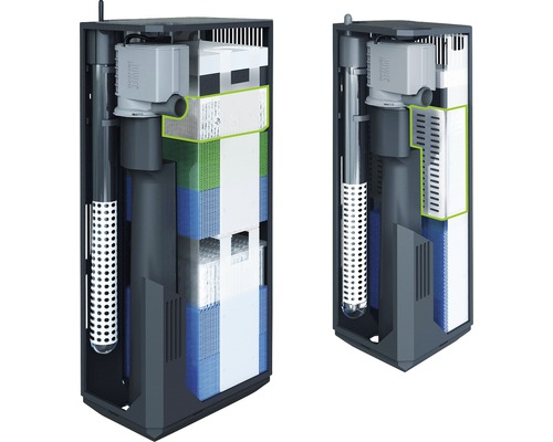 Innenfilter für Aquarien in geöffneter Darstellung