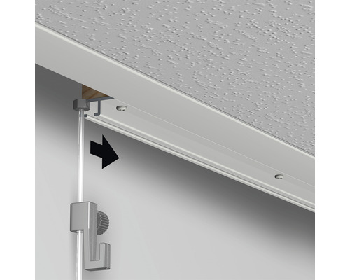 Detailaufnahme einer Deckenbefestigungsschiene mit Abhängesystem für die Deckenmontage.