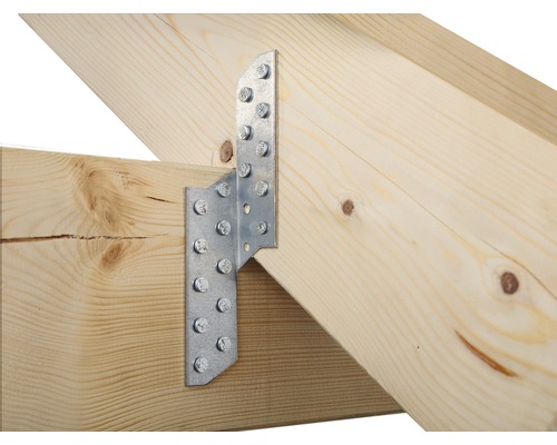 Holzverbinder mit Bolzen an Holzbalken befestigt