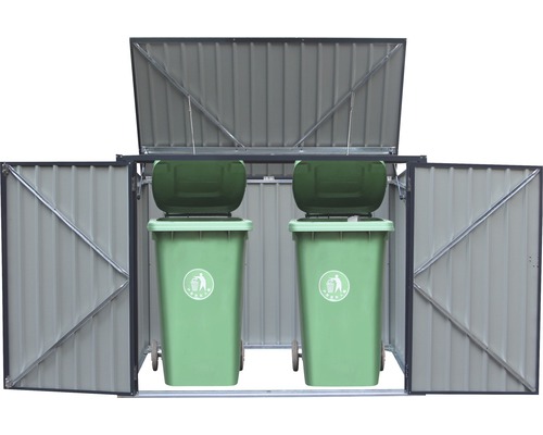 Mülltonnenbox aus Metall mit zwei Mülltonnen
