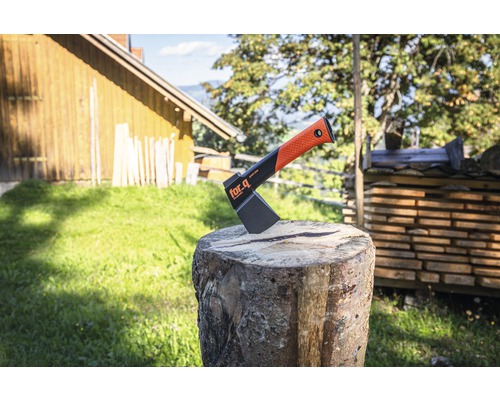 For_q Spaltaxt auf Holzscheit vor Holzstapel und Landschaft