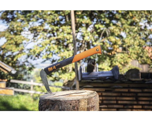 Hache d''ébranchage Logo for.q sur une souche d''arbre