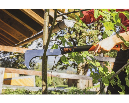 Gartenszene mit einer Person, die einen Ast mit einer Astkralle schneidet. for_q Logo sichtbar.