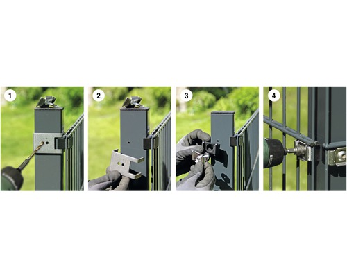 Instructions de montage d''un poteau de clôture avec des vis et un tournevis sans fil en quatre étapes