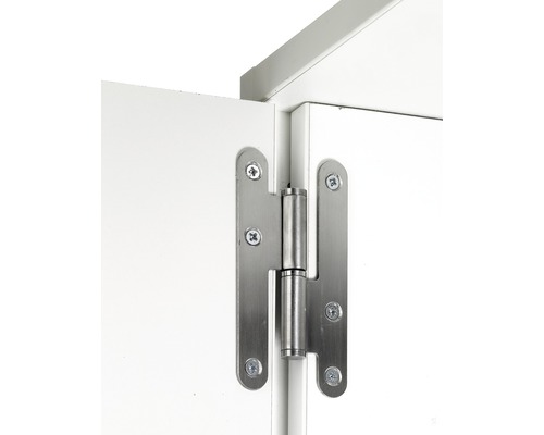 Vue détaillée d''une charnière de meuble en métal sur une porte de meuble blanche.