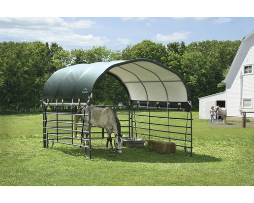 Abri pour chevaux avec toit et clôture métallique dans un pré